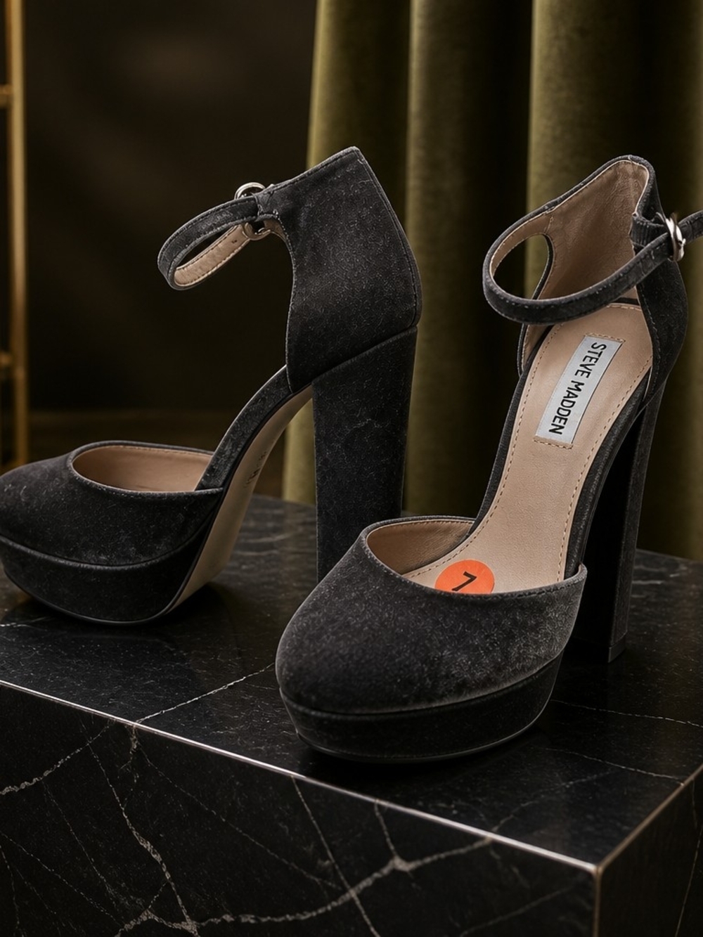 Steve Madden Black Velvet Platform Ankle-Strap Pumps